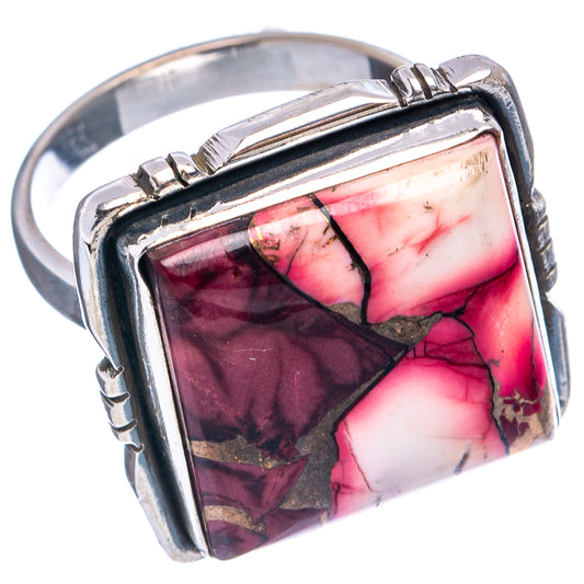 Sterling silver ring with square pink-red marbled stone, side prongs, smooth band