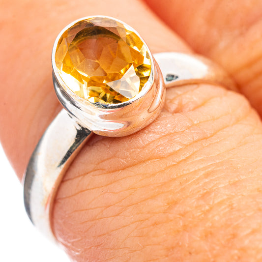 Sterling silver citrine ring, size 7.5, round yellow gemstone in polished bezel setting