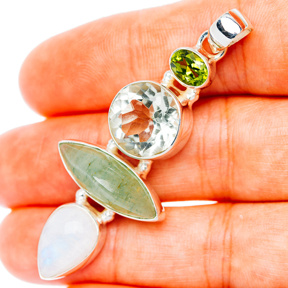 Premium Multi-Gem Rainbow Moonstone, Prehnite,Green Amethyst, Peridot Pendant 2 1/4" (.925 Sterling Silver)