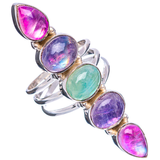 Side view of multicolor moonstone ring with sterling silver band and oval purple, green, pink