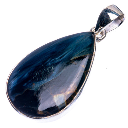 Blue and black teardrop stone pendant with polished sterling silver top bail