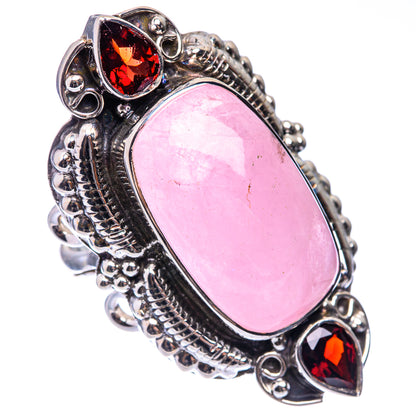 Oval pink gemstone ring in 925 sterling silver with three red garnet stones, size 9