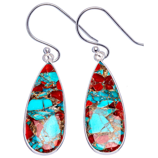 Turquoise and coral matrix teardrop earrings with .925 sterling silver hook backs