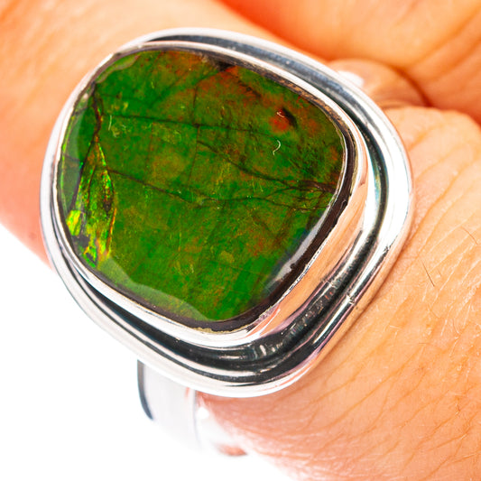Sterling silver ammolite ring with green oval gemstone, size 8.75