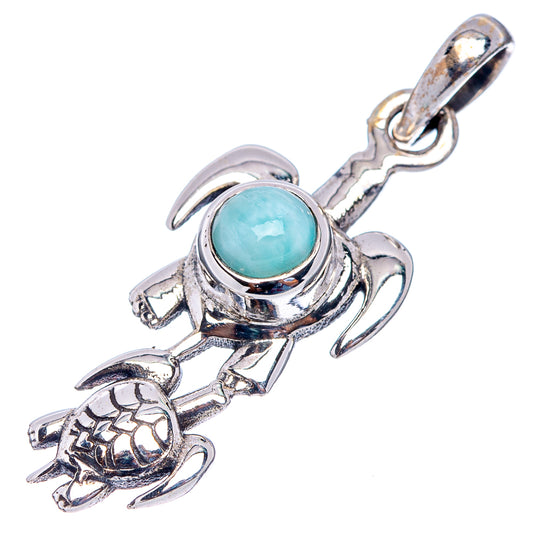 925 sterling silver turtle pendant with round light blue Larimar gemstone and bail top