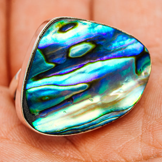 Sterling silver abalone oval ring with vivid blue-green and green swirls, size 7.75