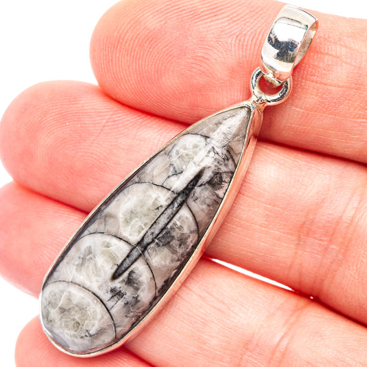 Sterling silver teardrop fossil pendant with detailed Orthoceras pattern