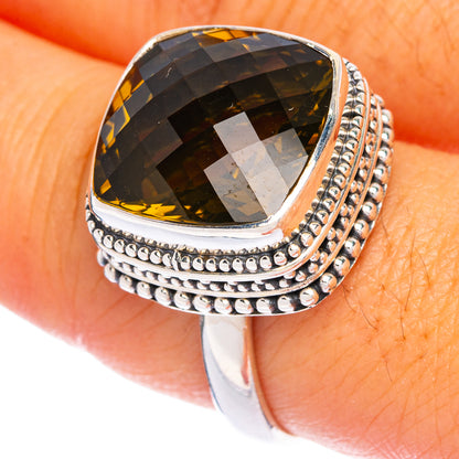 Smoky quartz ring with dark faceted stone and ornate beaded silver band, size 9