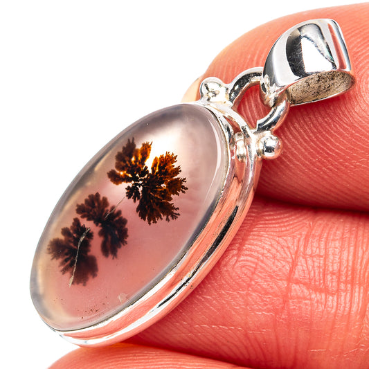 Oval dendritic agate pendant in .925 sterling silver, orange tree-like inclusions