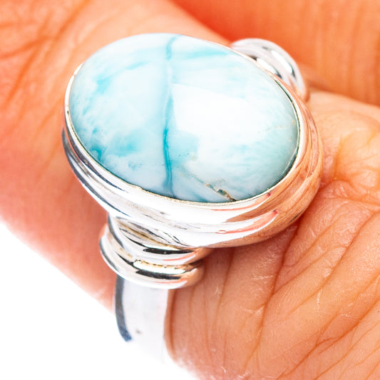 Larimar gemstone ring in .925 sterling silver, oval blue stone with veined pattern