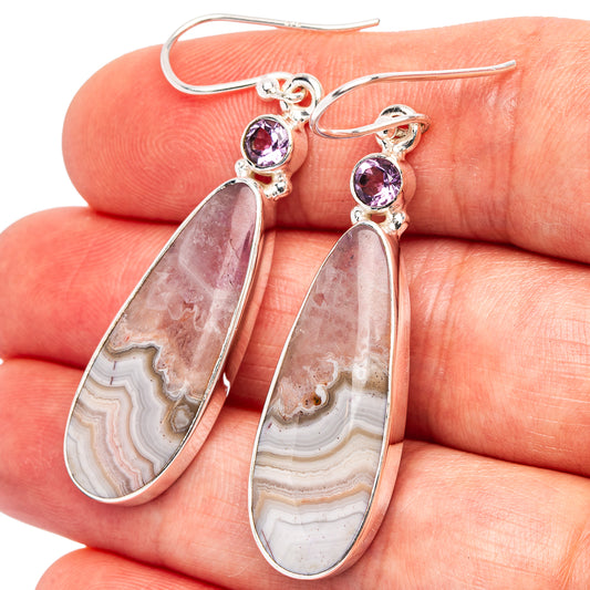 Sterling silver amethyst and striped agate teardrop earrings with round amethyst tops