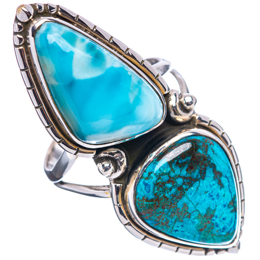 Sterling silver ring with two oval cabochons, larimar and shattuckite, open band, size 9