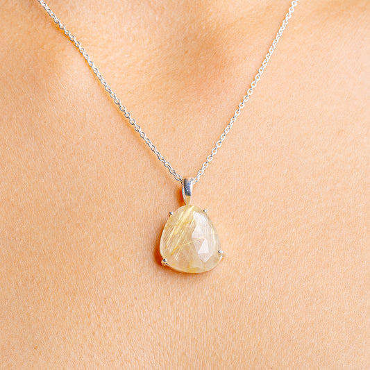 Sterling silver necklace with faceted yellow rutilated quartz pendant