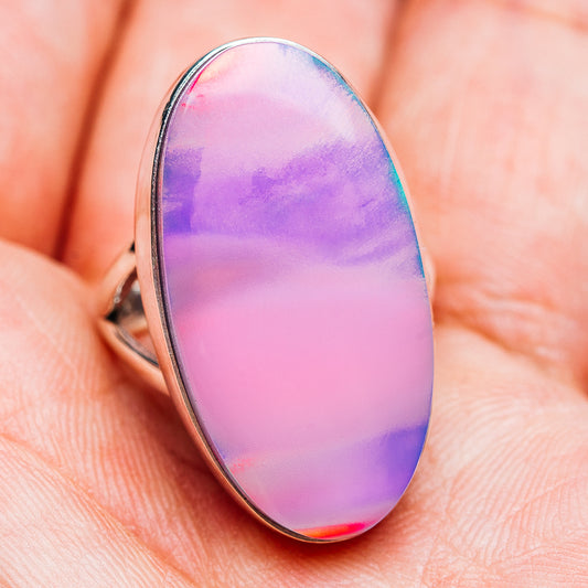 Oval pink-purple aurora opal ring, bezel-set .925 sterling silver, size 6.75