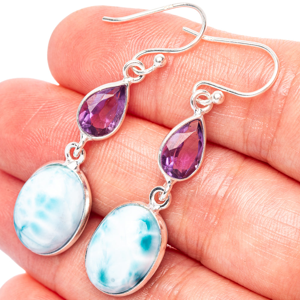 925 sterling silver earrings with purple amethyst teardrops and blue larimar drops