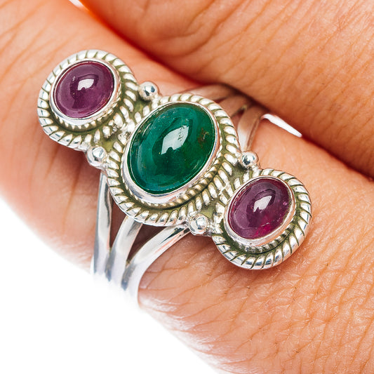 Zambian Emerald, Burmese Ruby Ring Size 10 (.925 Sterling Silver)