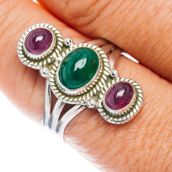 Zambian Emerald, Burmese Ruby Ring Size 10 (.925 Sterling Silver)