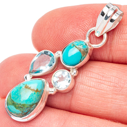 Rare Kingman Turquoise, Blue Topaz Pendant 1 5/8" (925 Sterling Silver) P41020