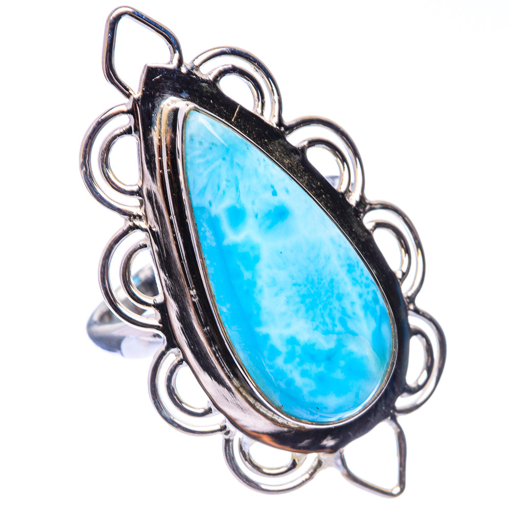 Sterling silver ring with oval turquoise-blue larimar gemstone in ornate bezel