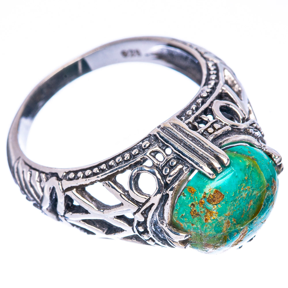 Ornate sterling silver turquoise ring, oval stone with side cutouts, size 8.5