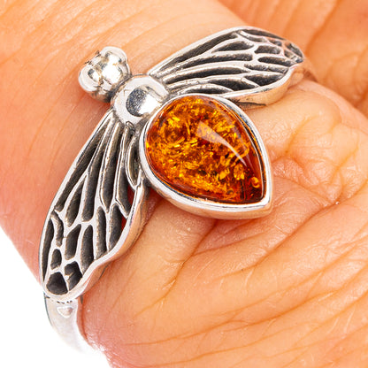 Baltic Amber Honey Bee Ring Size 7 (.925 Sterling Silver)