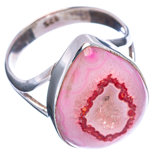 Pink druzy agate oval ring in .925 sterling silver, red geode edge detail