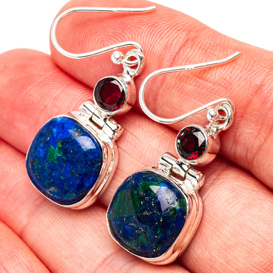 Azurite-malachite drop earrings with blue oval stone, red accents, .925 silver hooks.