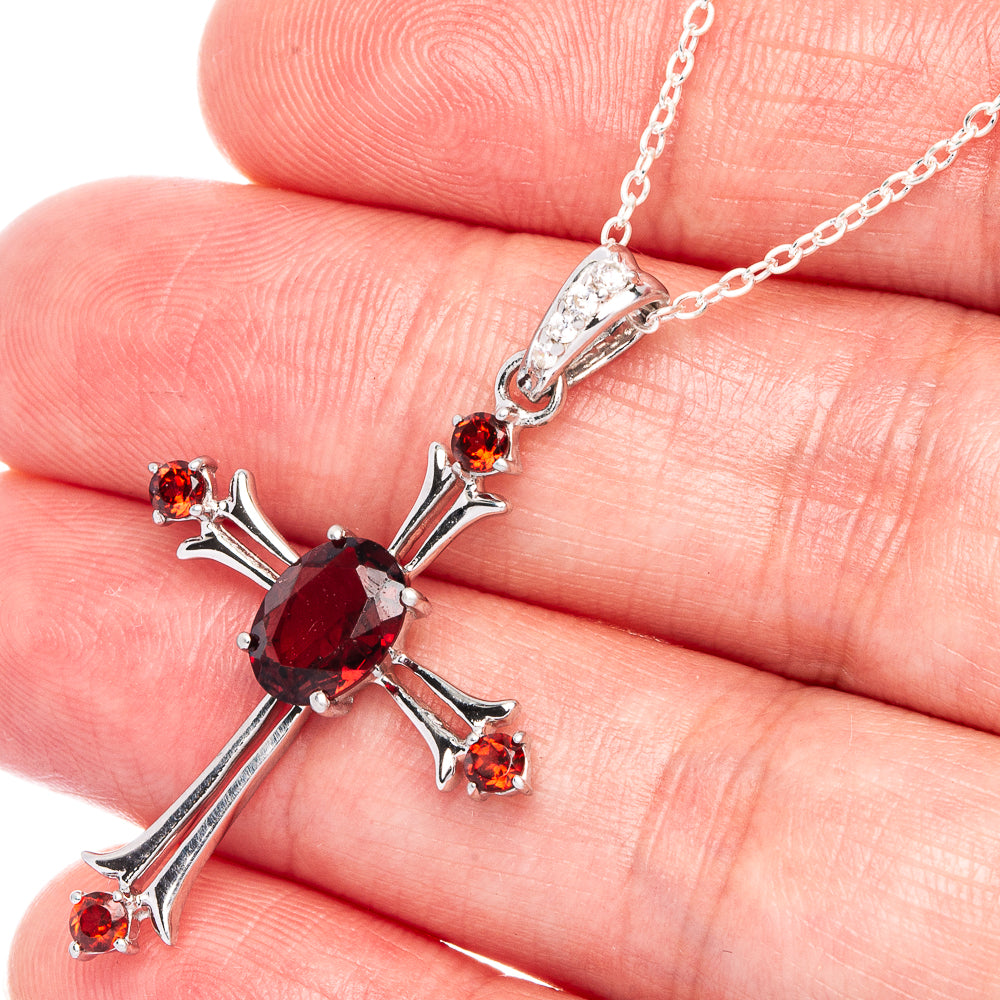 Garnet cross pendant necklace, 925 sterling silver, red oval center with four side gems