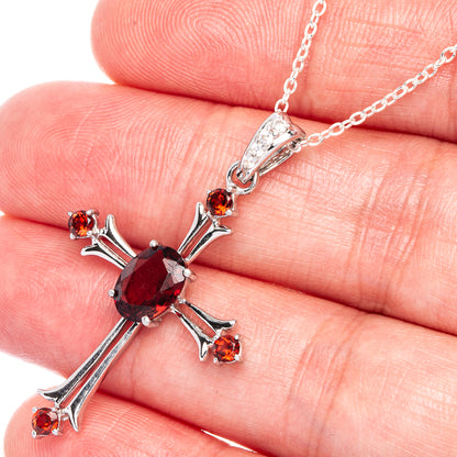 Garnet cross pendant necklace, 925 sterling silver, red oval center with four side gems