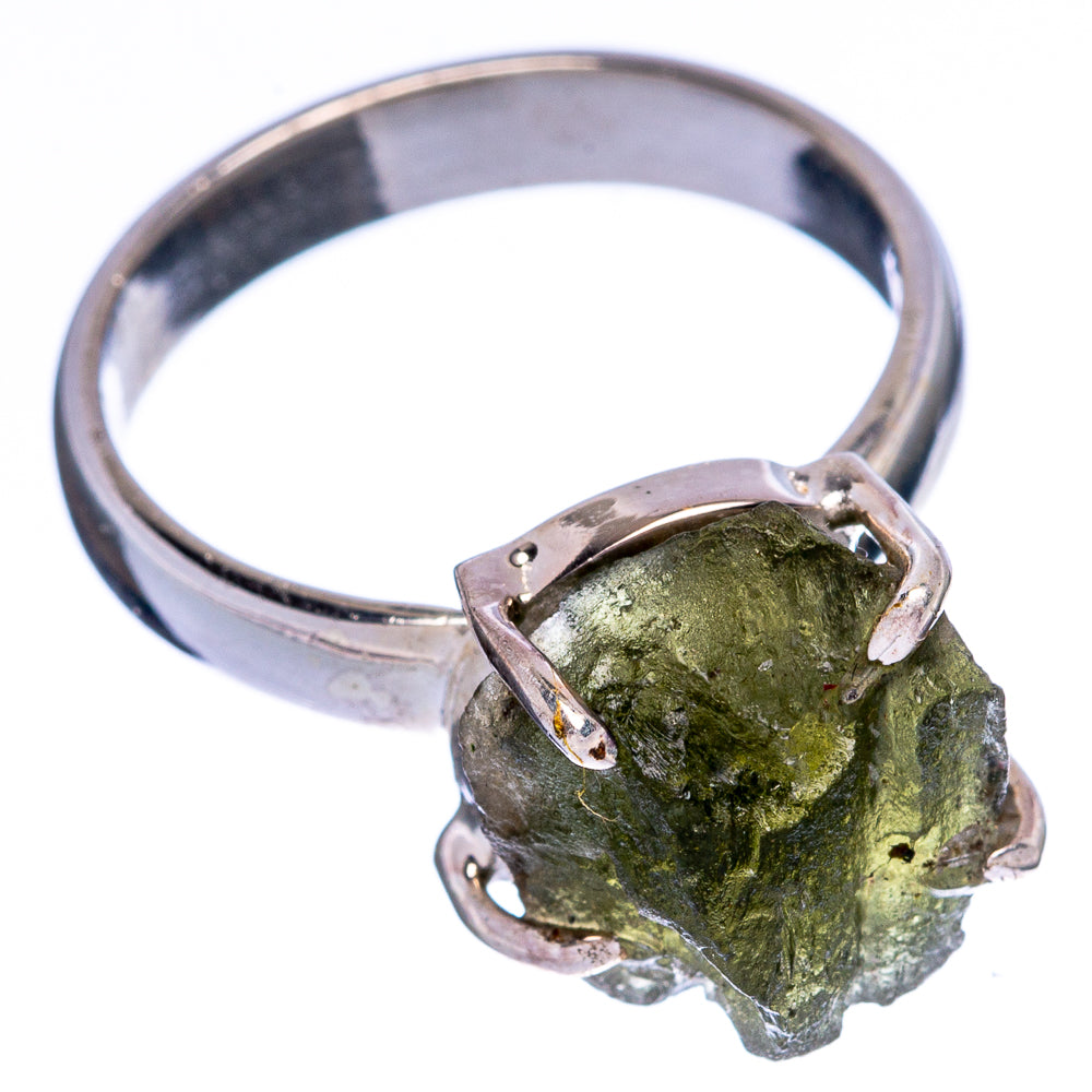Sterling silver moldavite ring with rough olive-green stone, metal prongs and band