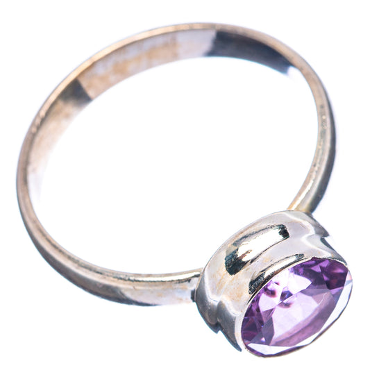 Sterling silver ring with round amethyst purple stone on open band, size 8