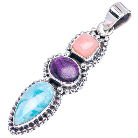 Sterling silver pendant with pink opal, purple sugilite, and blue larimar cabochons, top loop