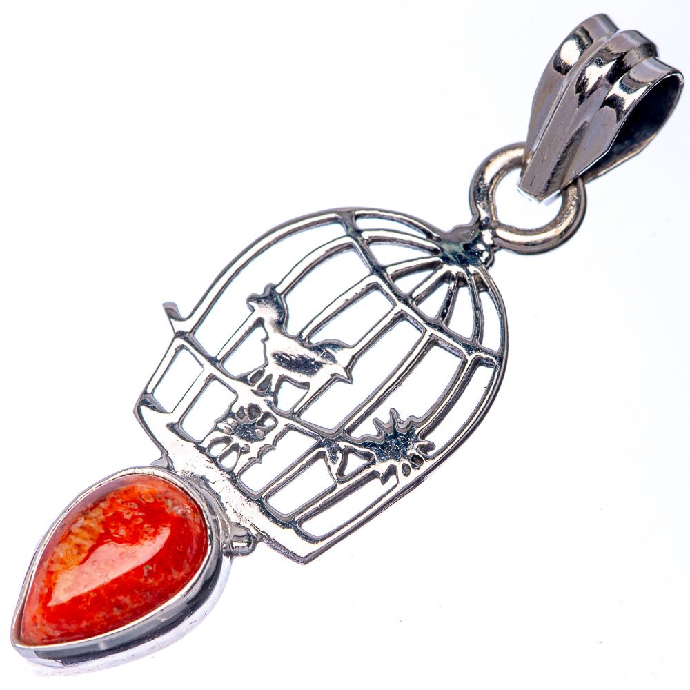 925 sterling silver sponge coral pendant with teardrop coral and bird in cage