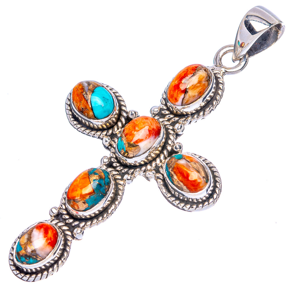 Spiny Oyster Turquoise Cross Pendant 2" (925 Sterling Silver) P43099
