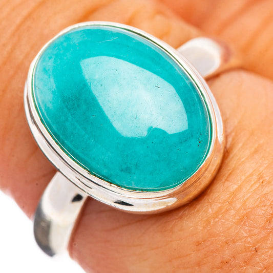 Sterling silver amazonite oval cabochon ring with bright turquoise bezel stone