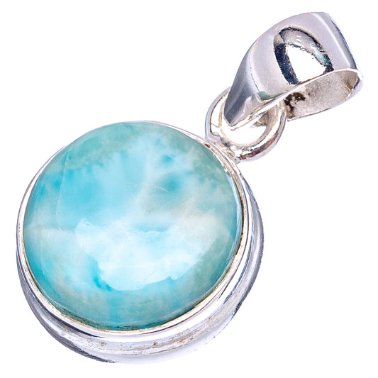 Sterling silver larimar pendant, round blue-green cabochon set in bezel with bail