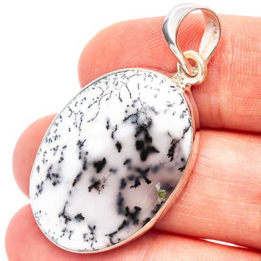 Dendritic agate pendant in white with black tree-like pattern, oval with sterling silver bail