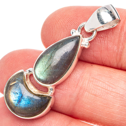 Labradorite pendant in 925 sterling silver with two iridescent teardrop cabochons, loop bail.