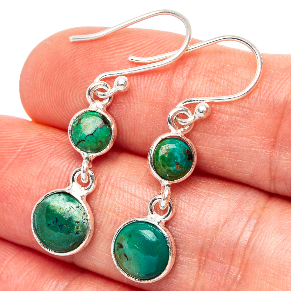 Turquoise stone drop earrings with .925 silver hooks, two round webbed green discs