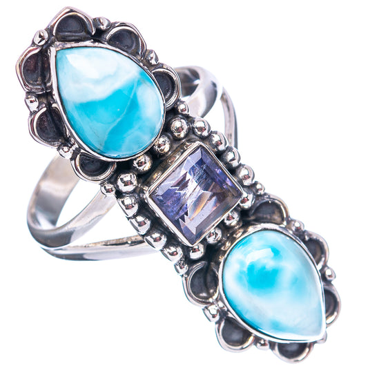 Sterling silver statement ring with teal oval cabochons and purple faceted square stone