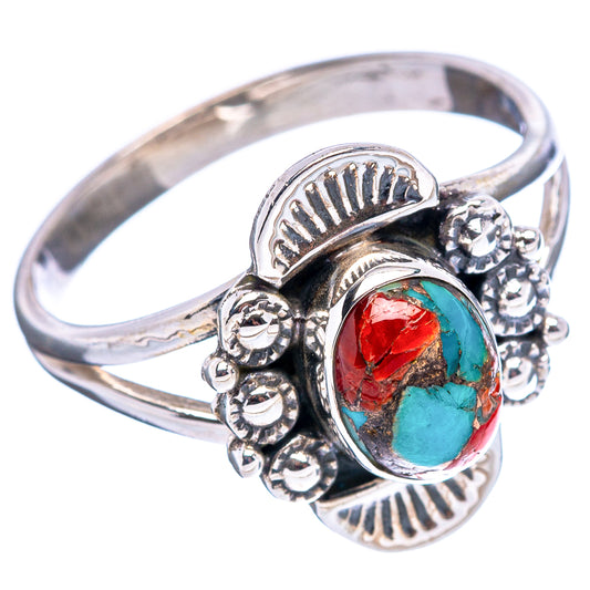 Sterling silver ring with oval coral-matrix red and turquoise stone and scalloped bezel