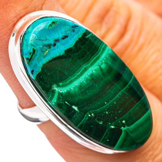 Oval malachite and azurite stone ring in polished .925 sterling silver bezel