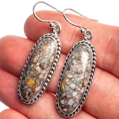 Close-up oval brecciated opal drop earrings, 925 sterling silver with multicolor stone