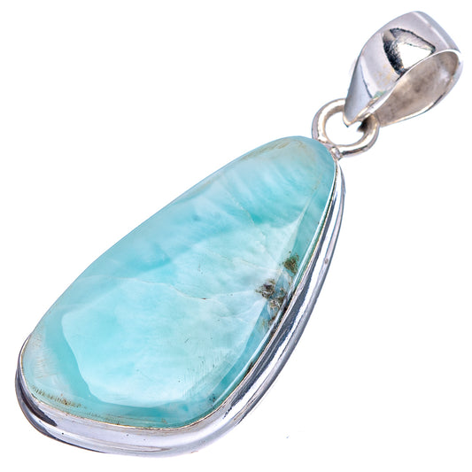 Larimar pear-shaped pendant, glossy blue stone set in polished sterling silver frame