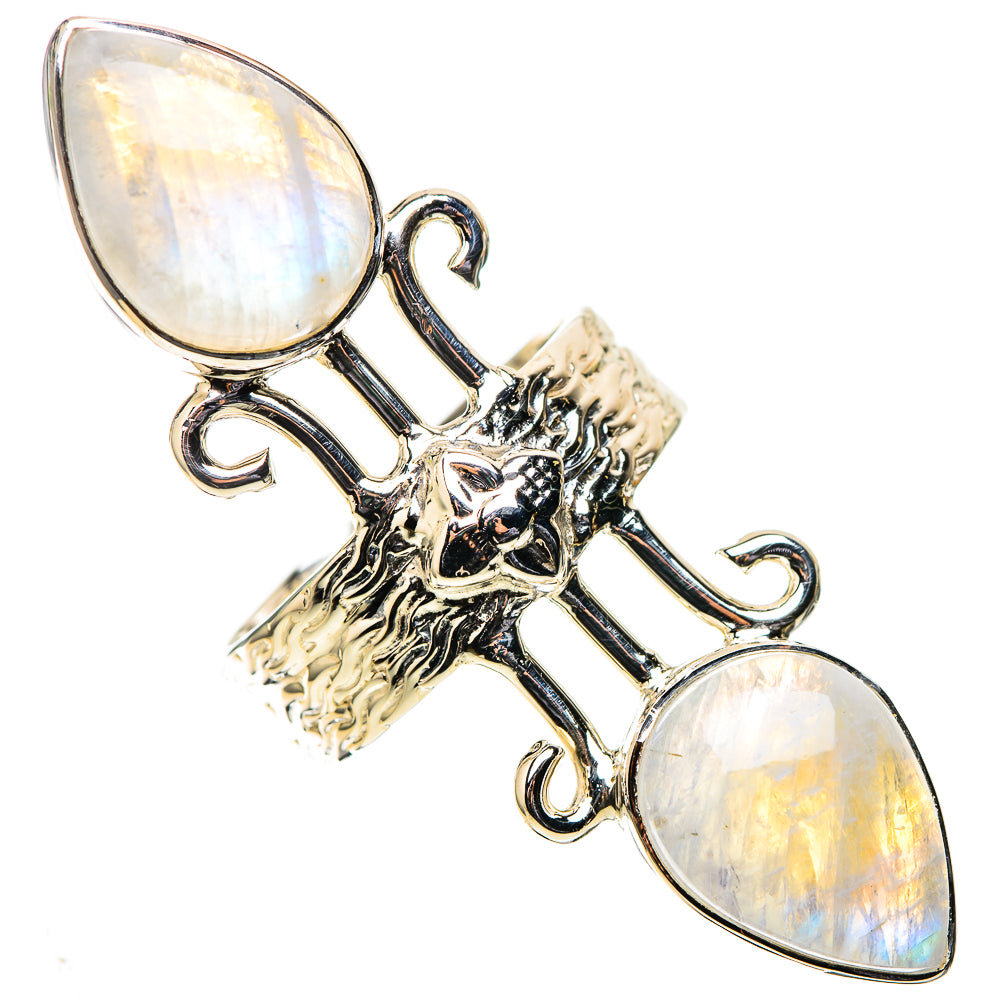 Oval moonstone 925 sterling silver ring with carved cross setting and decorative side scrolls