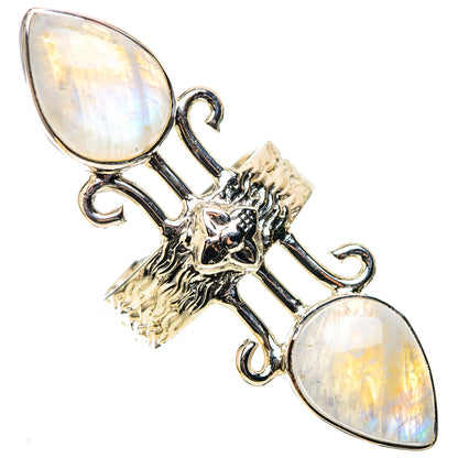 Oval moonstone 925 sterling silver ring with carved cross setting and decorative side scrolls