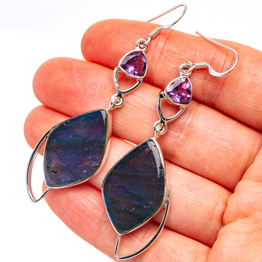 Sterling silver amethyst & labradorite drop earrings, teardrop stones, fishhook backs