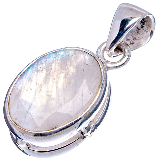 Oval iridescent moonstone cabochon pendant with sterling silver oval bezel and bail