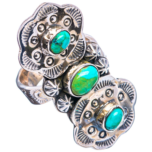 Sterling silver adjustable ring with three oval green-blue turquoise stones, decorative borders