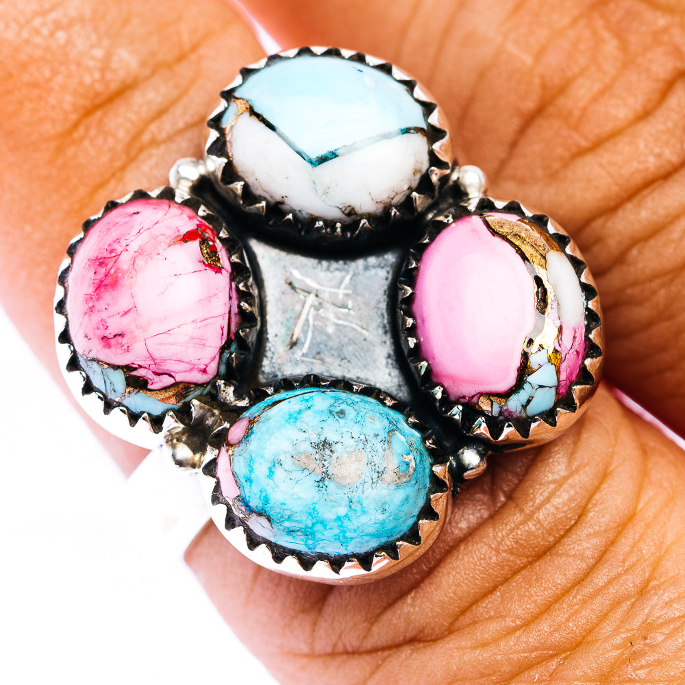 Turquoise, pink, and white cabochon ring with black scalloped silver bezel